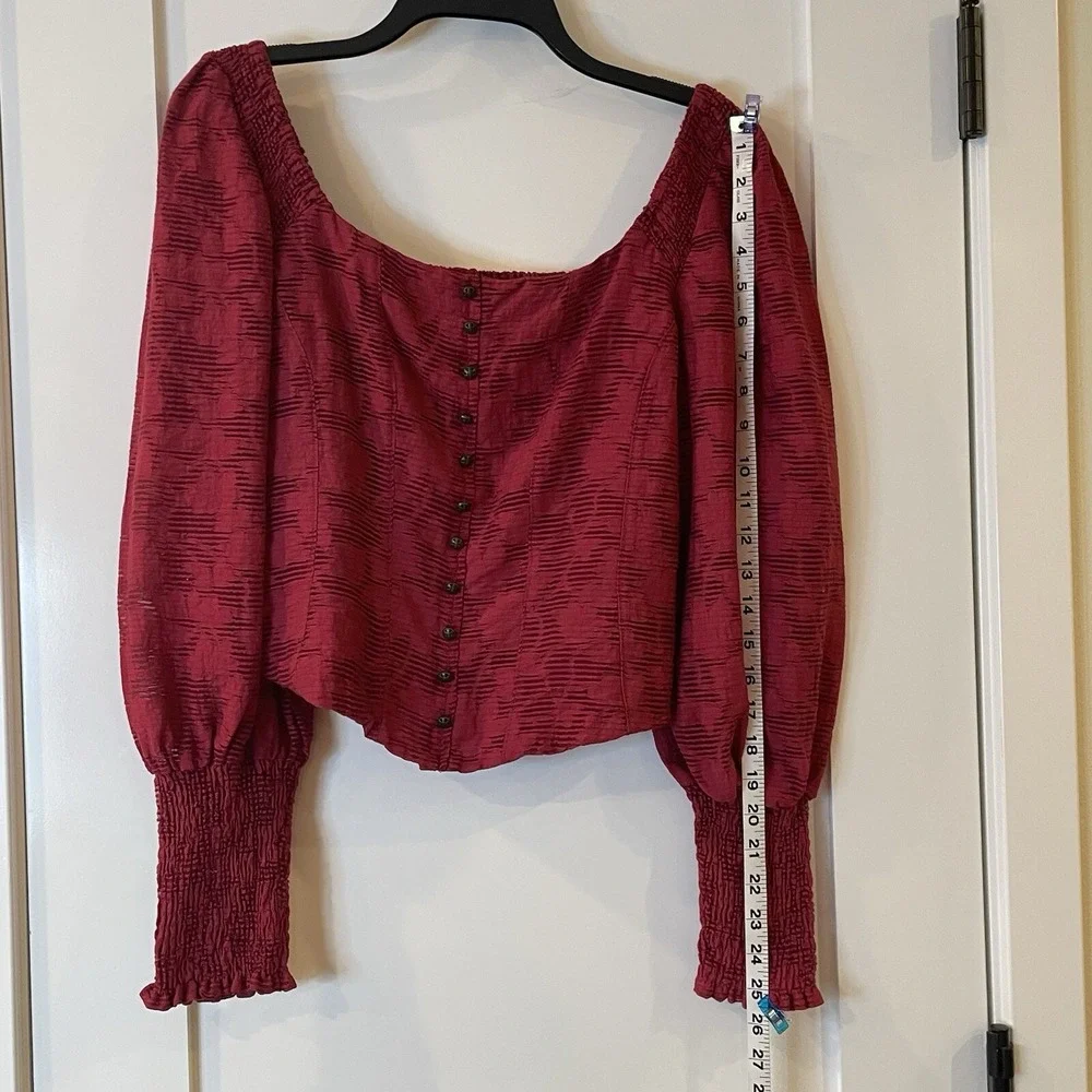 Anthropologie Womens M Shirt Top Sheer Puff Sleeve Smocked Corset Raspberry $120